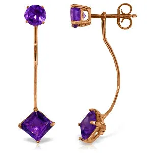 14K Solid Rose Gold Stud & Drops Earrings w/ Natural Amethyst