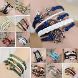 2017 New Womens Fashion Vintage Anchors Rudder Rectangle Leather Bracelet Multilayer Charm Bracelets Best Valentine's Day Gift