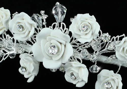 Bridal Wedding Handmade White Rose Ceramic Clay Crystal Tiara XT1396