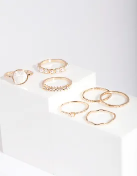 Gold Pearl & Diamante Mix Ring 7-Pack