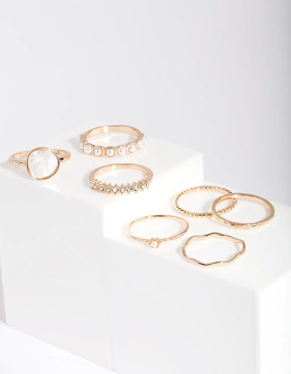 Gold Pearl & Diamante Mix Ring 7-Pack