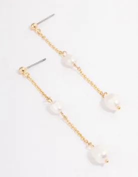 Gold Plated Long Chain Freshwater Pearl Stud Earrings