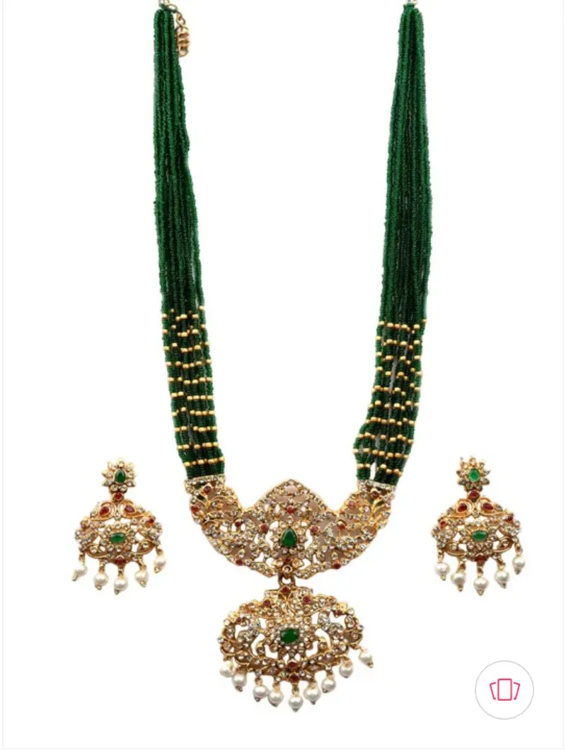 Gold-Plated Stone Studded and Emerald Green Beads Jewellery Set