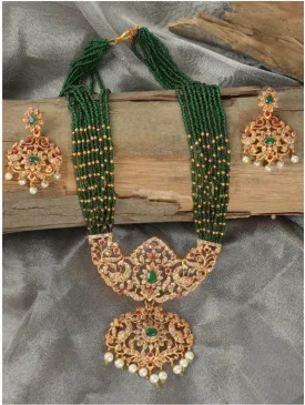 Gold-Plated Stone Studded and Emerald Green Beads Jewellery Set