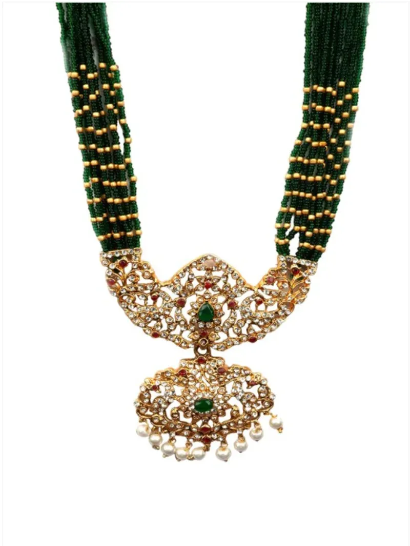 Gold-Plated Stone Studded and Emerald Green Beads Jewellery Set