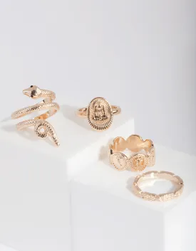 Gold Snake & Disc Ring 4-Pack