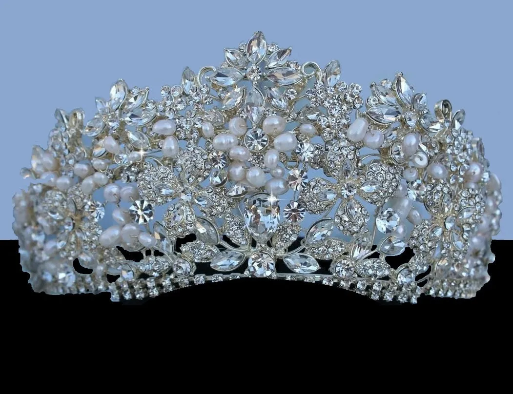 Gorgeous Big Royal Crystal & Freshwater Pearl Bridal Tiara Crown