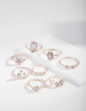 Rose Gold Floral Diamante Ring 8 Pack