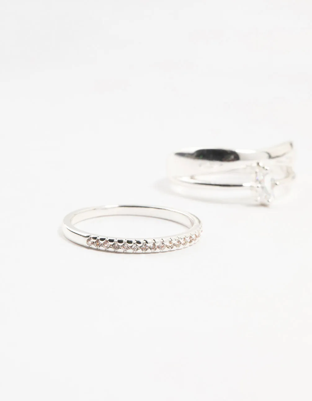 Silver Plated Diamante Baguette Wave Rings 3-Pack