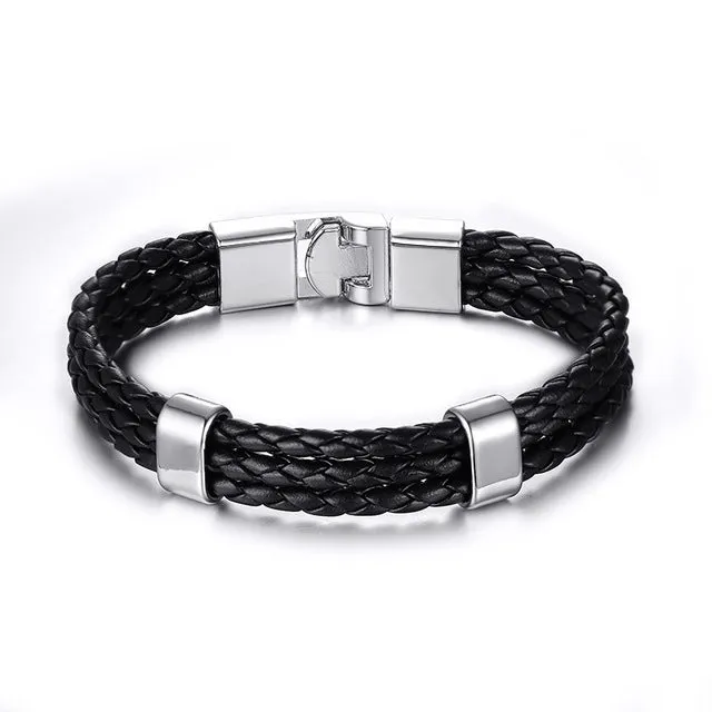 Vnox Promotion men bracelet bangle leather jewelry stainless steel clasp fashion accessories wholesale